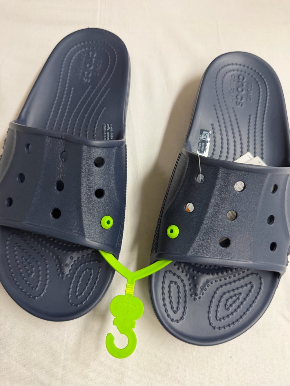 CROCS Navy Slide Sandals with Neon Green Accents